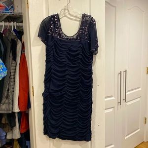 Adrianna Papell Womens Navy Blue ruched and beaded cocktail dress size 14W